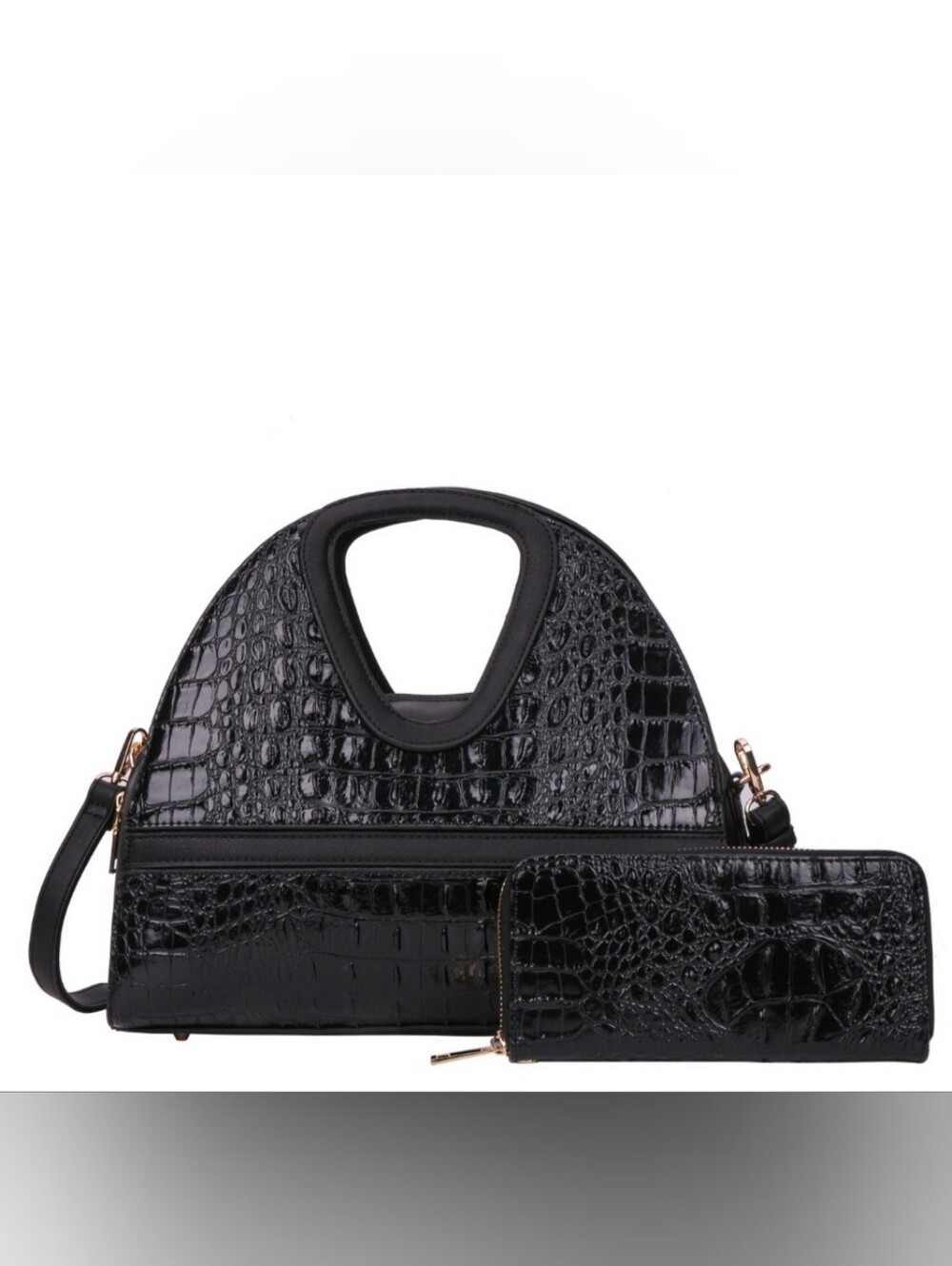 2PC Black Croc-Embossed Handbag with Matching Wallet